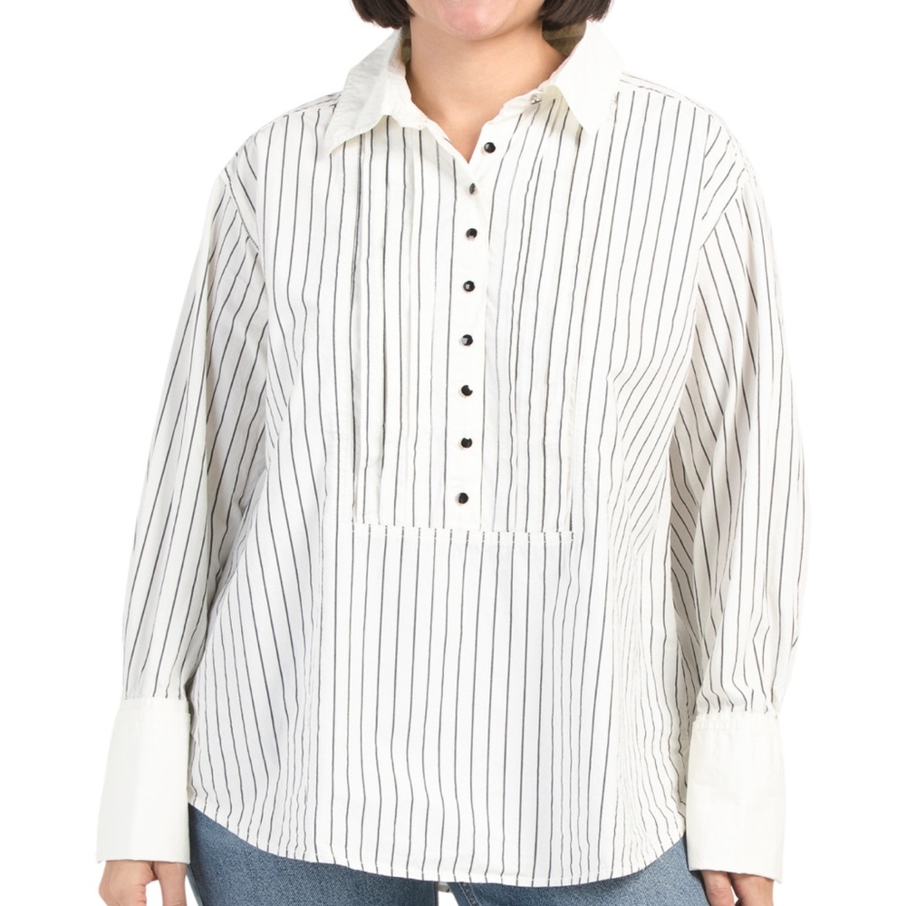 Free People Black and White Striped Button-Down Shirt
